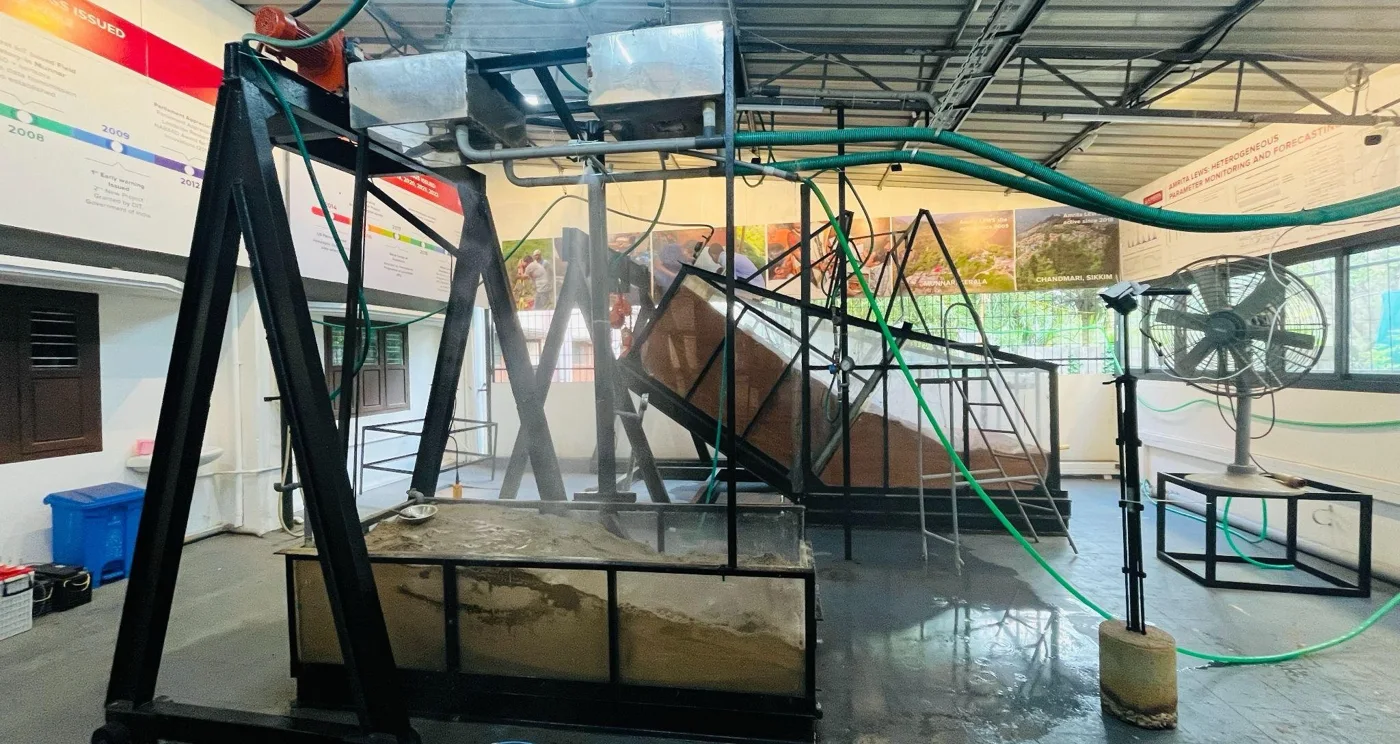 Landslide flume with rainfall simulator