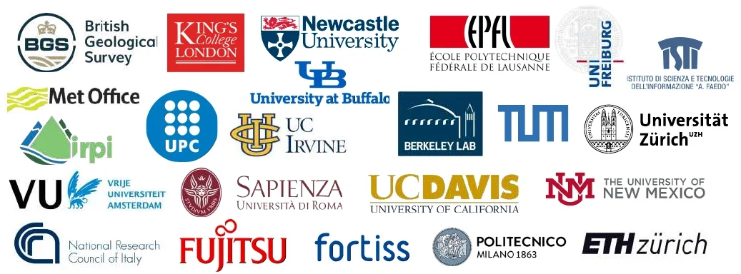Logos of Amrita’s major research partners including BGS, King’s College London, EPFL, ETH Zürich, UC Davis, Politecnico di Milano and Fujitsu