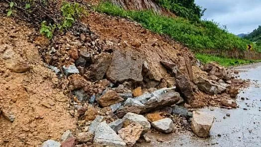 Rockfall debris beside a road in Odisha